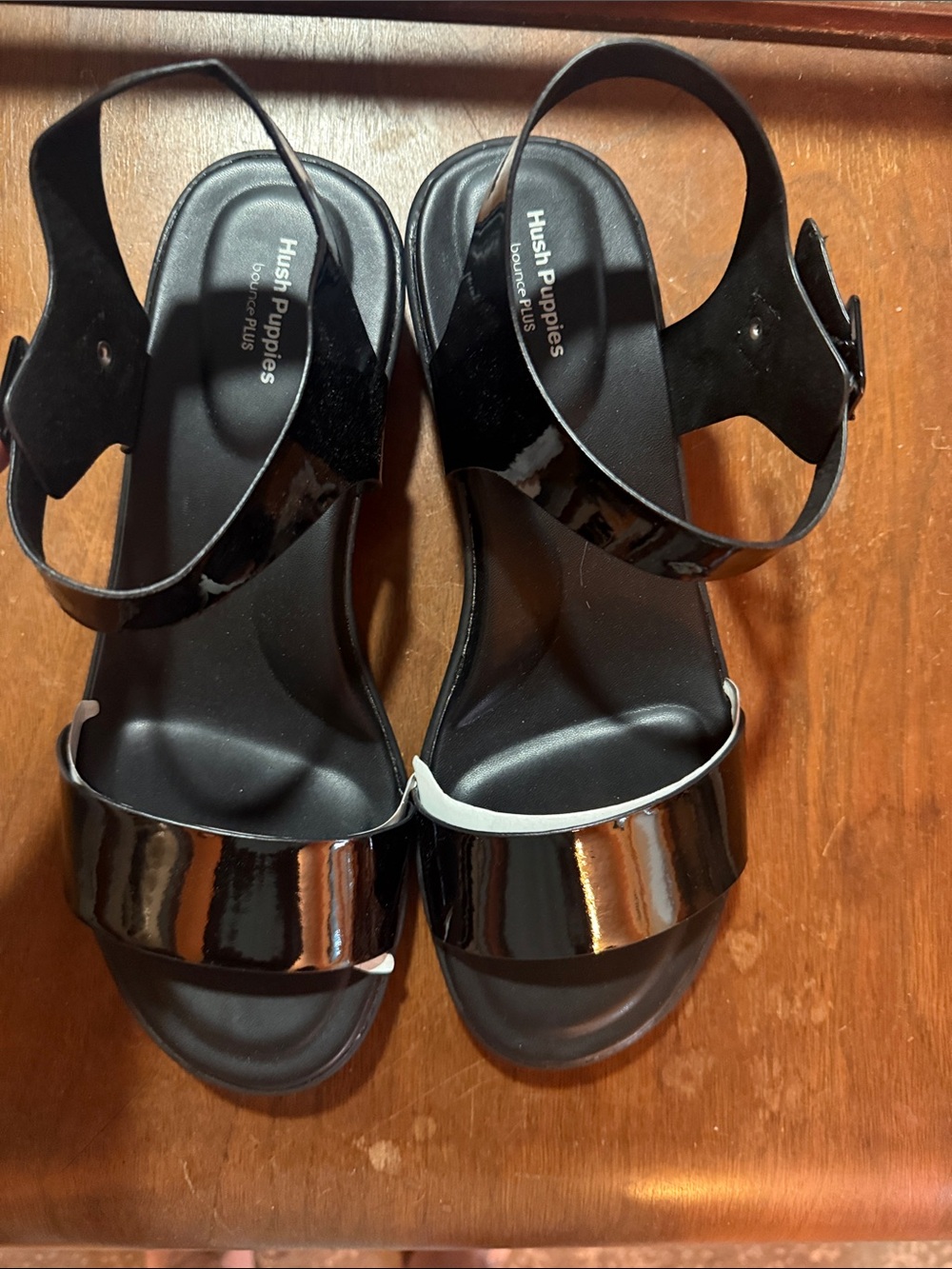 Hush Puppies Brite Jells Low Wedge Sandals - Size 10 - Black Patent - New!